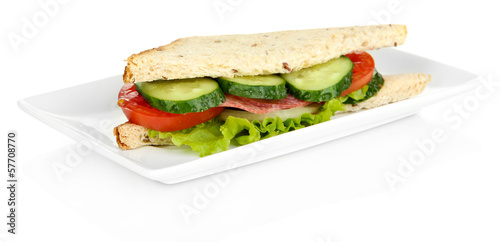 Tasty sandwich with salami sausage and vegetables