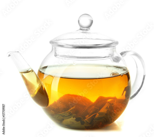Teapot of green tea isolated on white