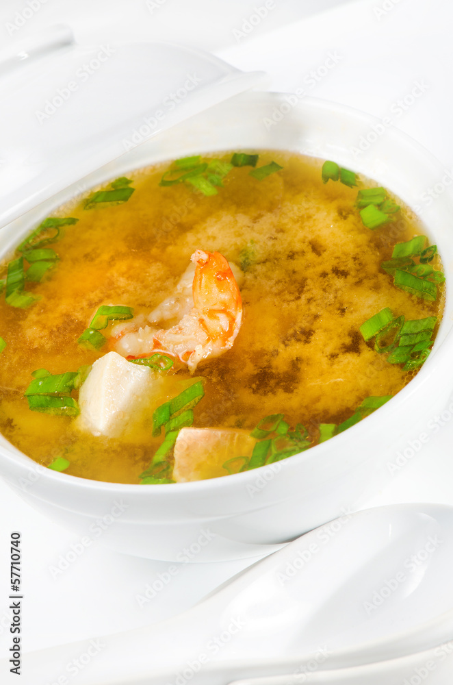 Asian noodle soup with fungus and shrimp in fron Asian noodle soup with fungus and shrimp in fron