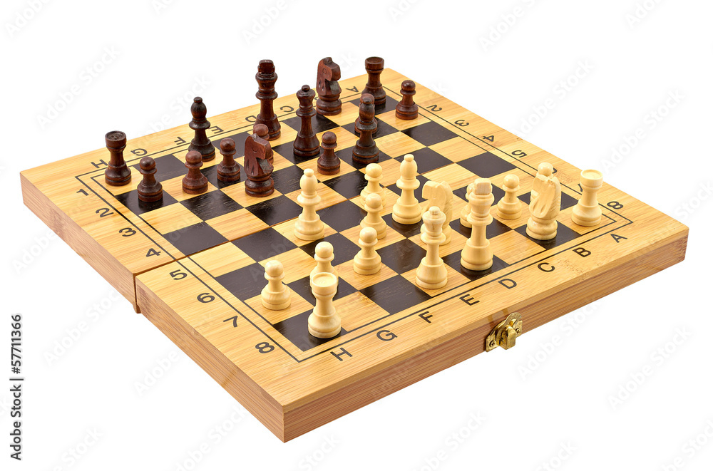 Chessboard with figures in progress on white background Chessboard with figures in progress on white background
