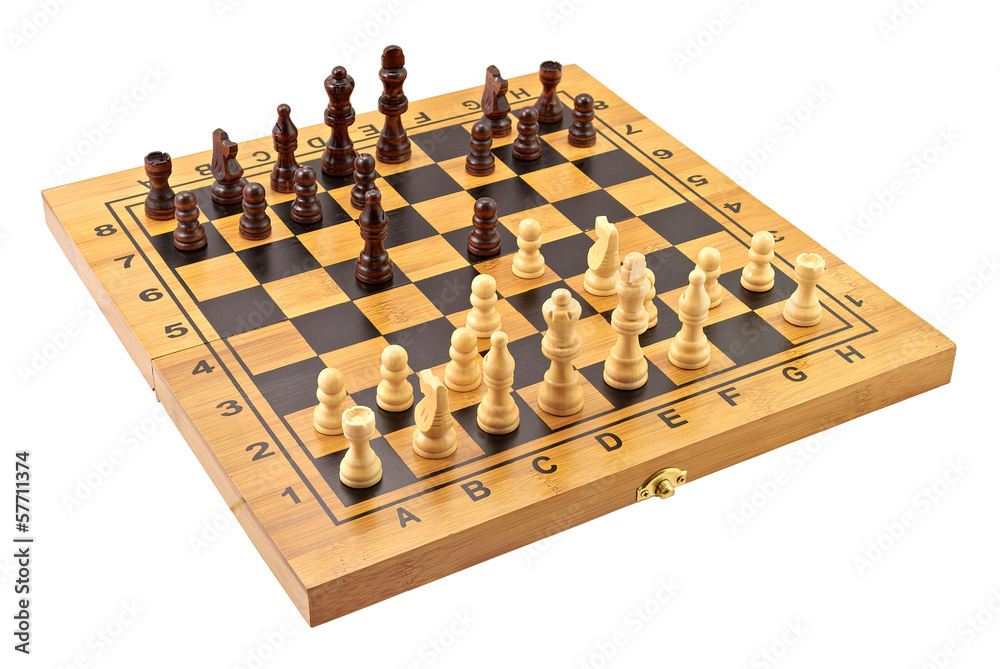 Chessboard with figures in progress on white background Chessboard with figures in progress on white background