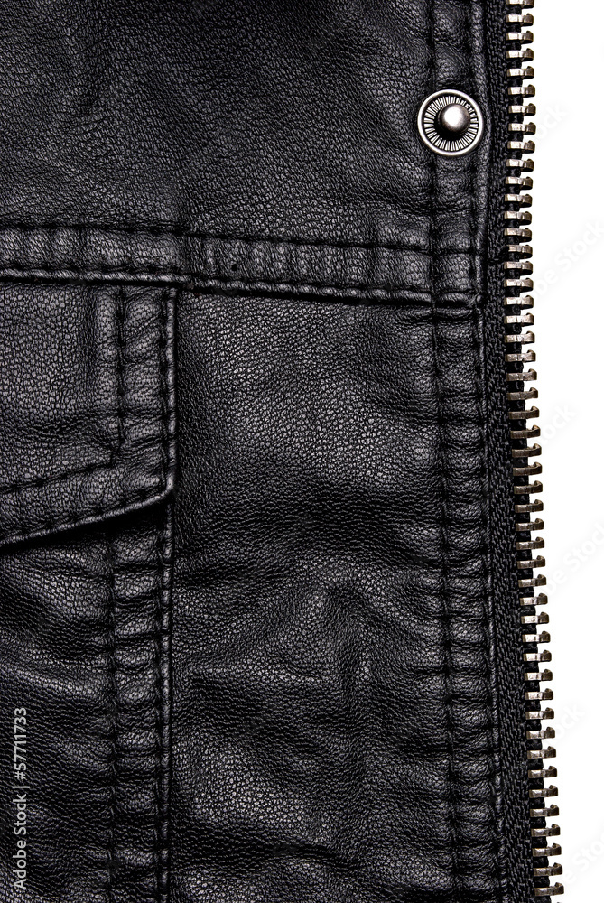 Close-up of black leather jacket details