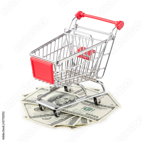 Money in Shopping Cart Isolated On White Background