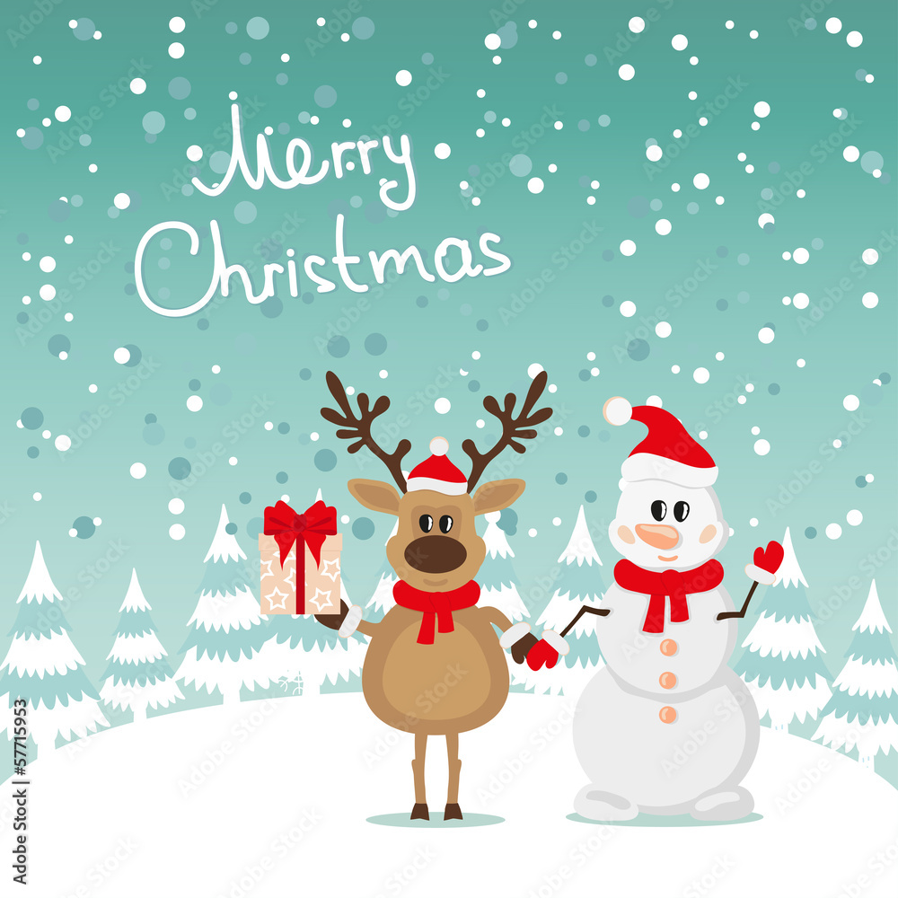 Postcard Snowman and Reindeer Postcard Snowman and Reindeer