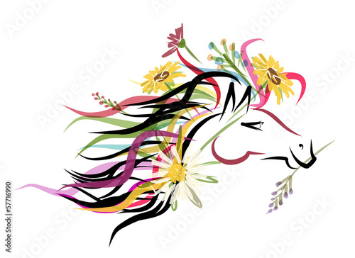Horse head sketch with floral decoration for your design. Symbol © Kudryashka