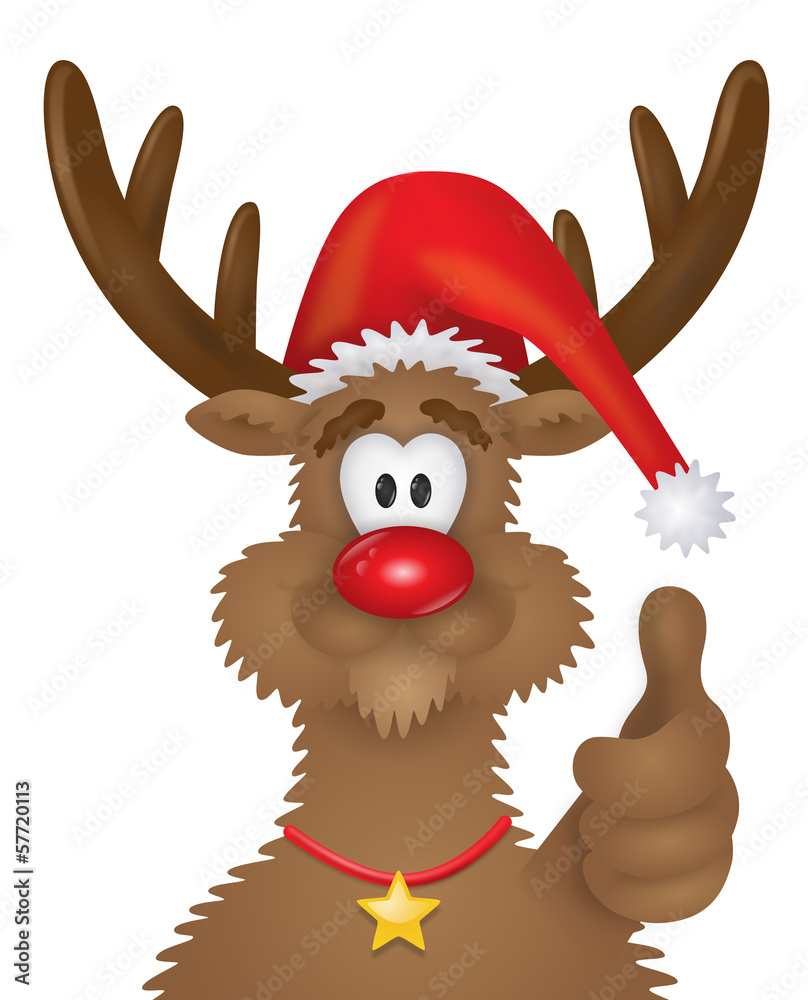 Lustiges WeihnachtsRentier mit linkem Daumen hoch, freigestellt Stock