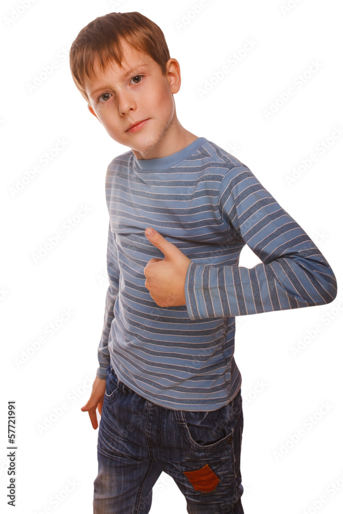 blonde boy kid in striped jacket holding thumbs up, showing sign blonde boy kid in striped jacket holding thumbs up, showing sign