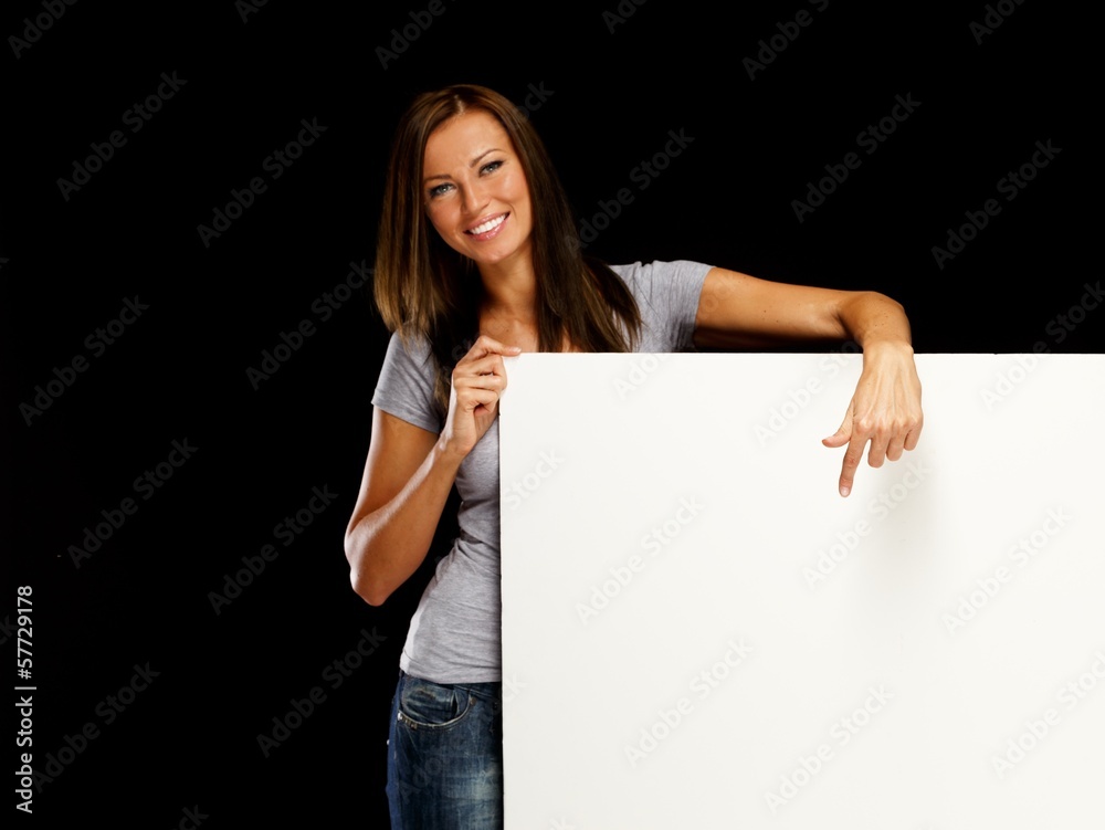 Beautiful young brunette woman with blank notice board Beautiful young brunette woman with blank notice board
