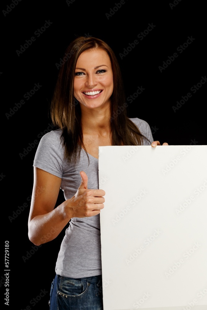 Beautiful young brunette woman with blank notice board Beautiful young brunette woman with blank notice board