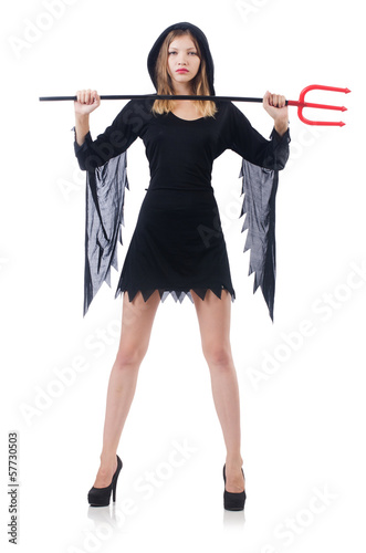 Woman devil with trident isolated on white