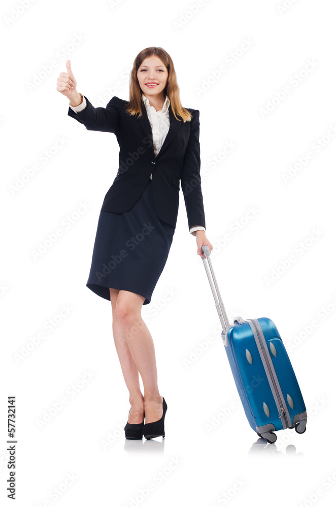 Woman preparing for vacation with suitcase on white Woman preparing for vacation with suitcase on white