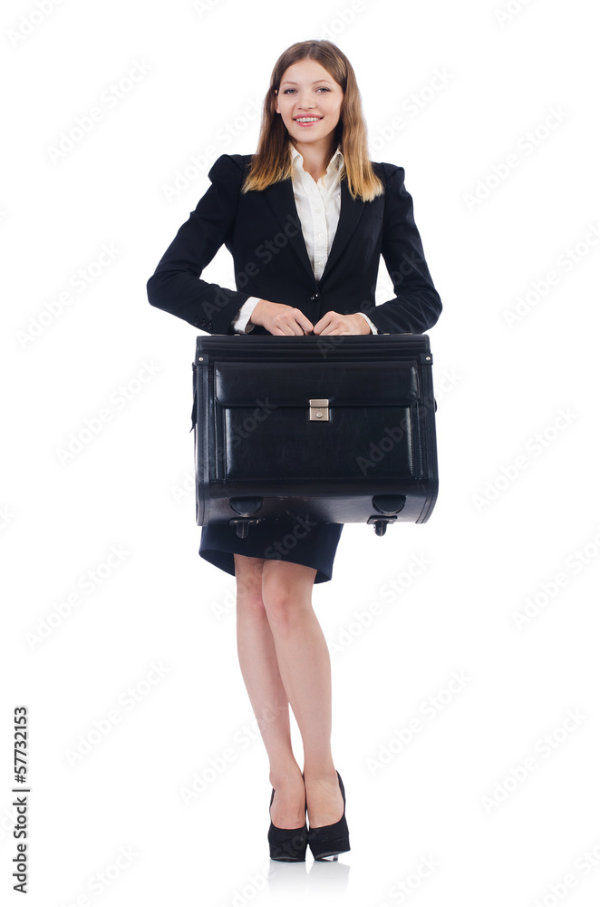 Woman preparing for vacation with suitcase on white Woman preparing for vacation with suitcase on white