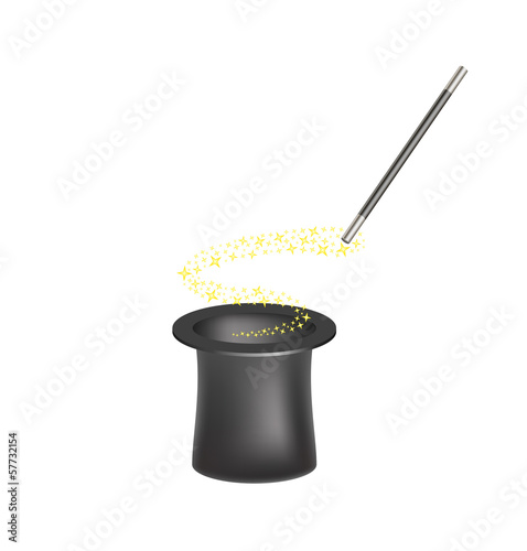 Magic hat and magic wand with a stream of stars