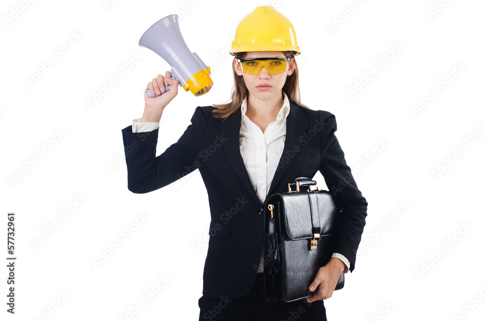 Woman with helmet and loudspeaker on white Woman with helmet and loudspeaker on white