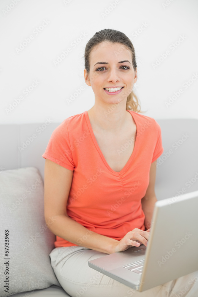 Smiling brunette woman working with her notebook looking at came Smiling brunette woman working with her notebook looking at came