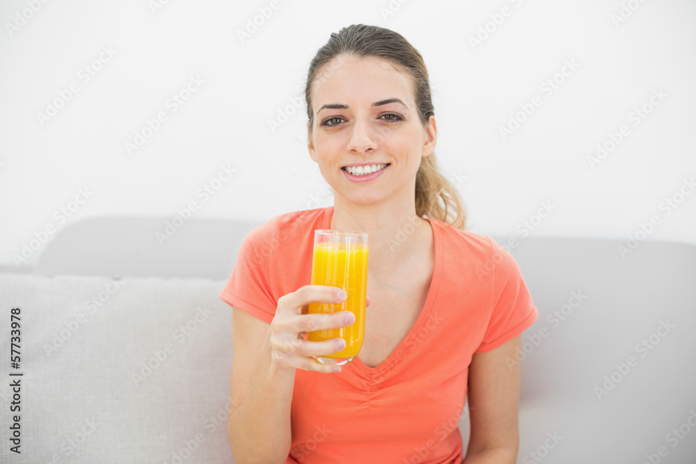 Beautiful calm woman smiling at camera holding a glass of orange Beautiful calm woman smiling at camera holding a glass of orange