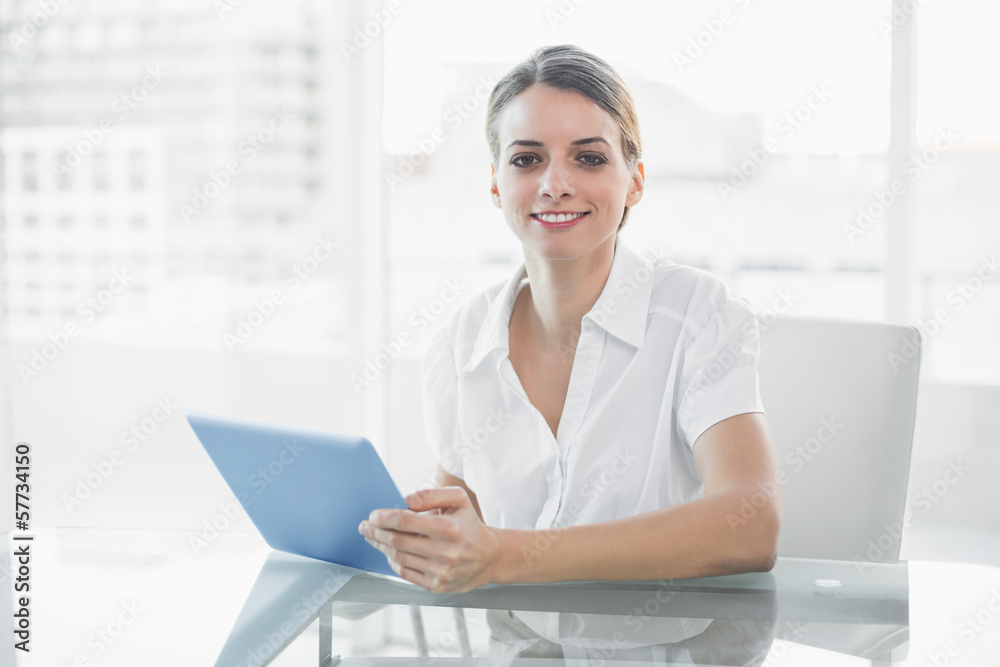 Gleeful smiling businesswoman working with her tablet looking at Gleeful smiling businesswoman working with her tablet looking at