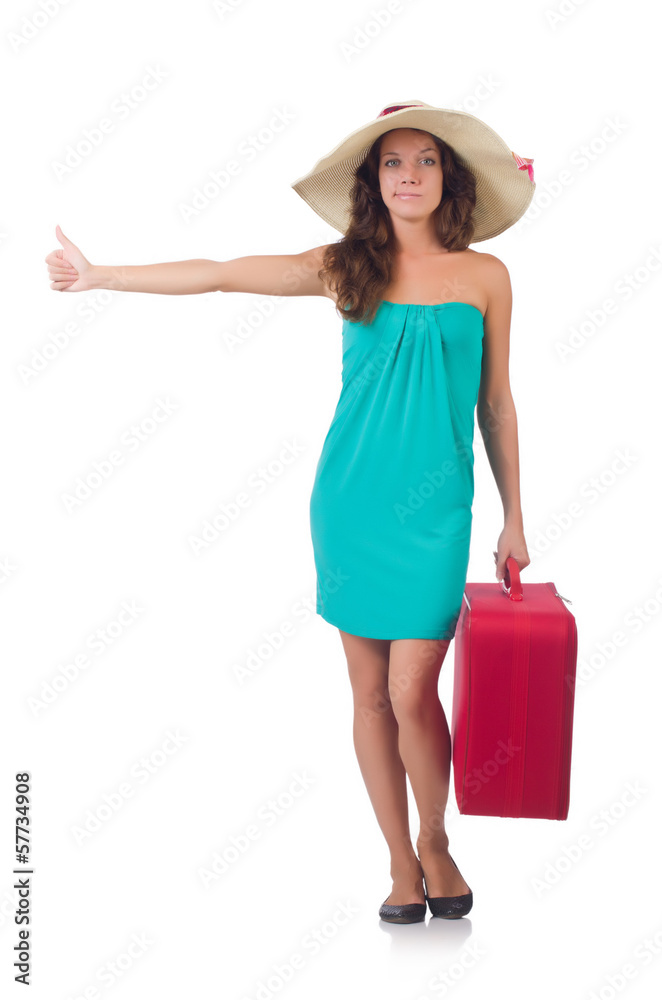 Woman going to summer vacation isolated on white