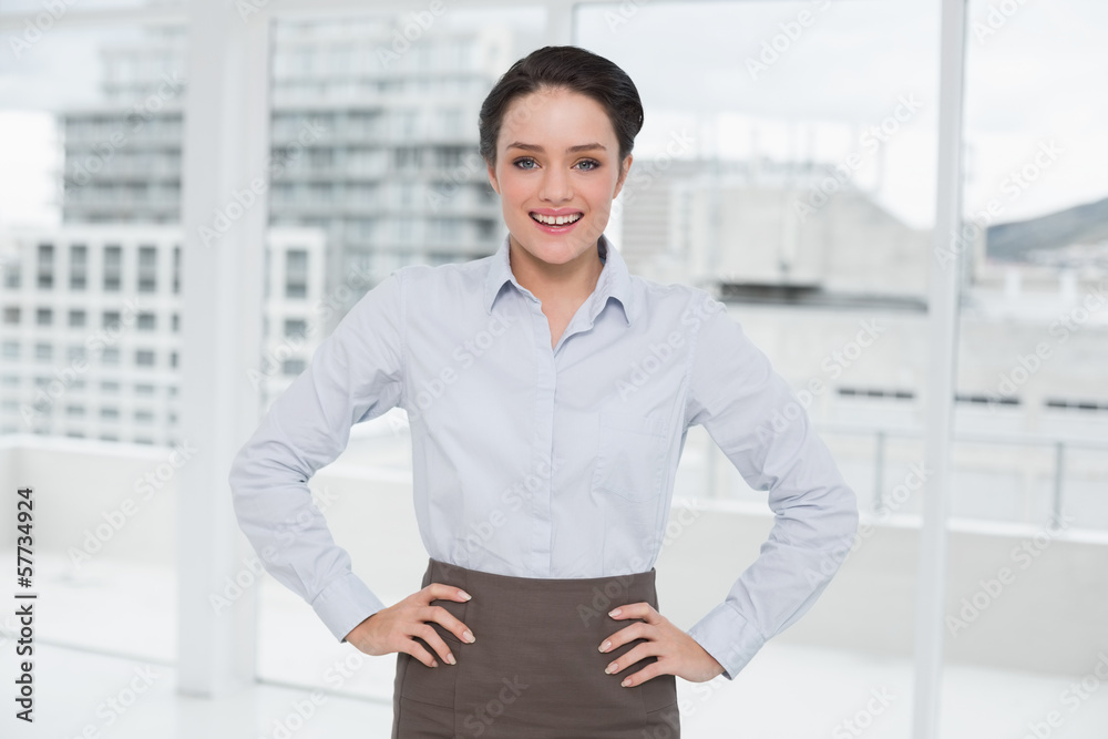 Elegant businesswoman standing with hands on hips in office Elegant businesswoman standing with hands on hips in office