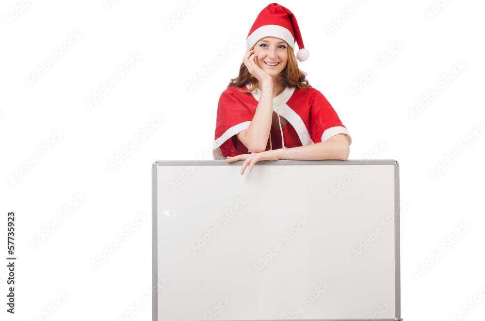 Young woman in red santa costume with blank board Young woman in red santa costume with blank board