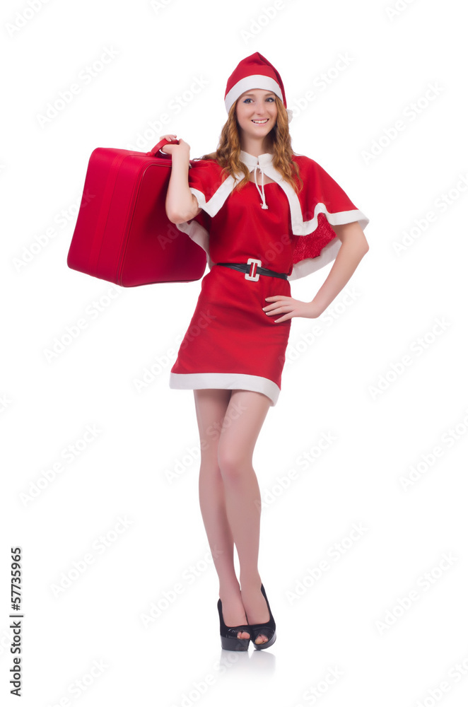Young woman in red santa costume on white Young woman in red santa costume on white