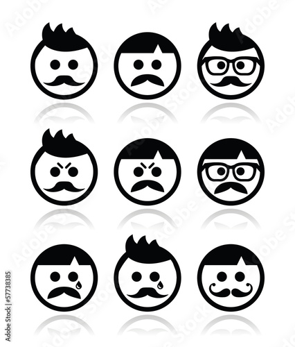 Man with moustache or mustache, avatar vector icons set