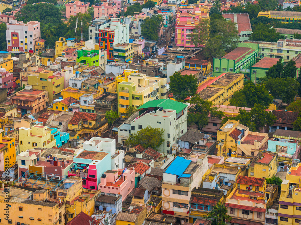 Colorful homes in crowded Indian city Trichy, Tamil Nadu