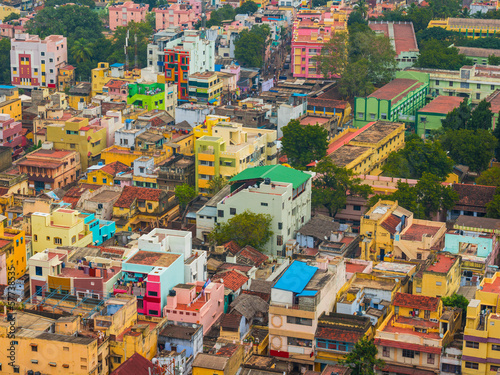 Colorful homes in crowded Indian city Trichy, Tamil Nadu © Alisa
