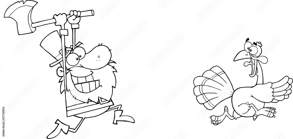 Black and White Angry Pilgrim Chasing With Axe A Turkey Black and White Angry Pilgrim Chasing With Axe A Turkey