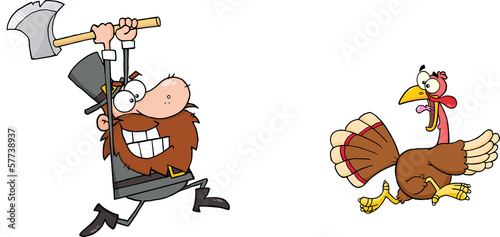 Angry Pilgrim Chasing With Axe A Turkey