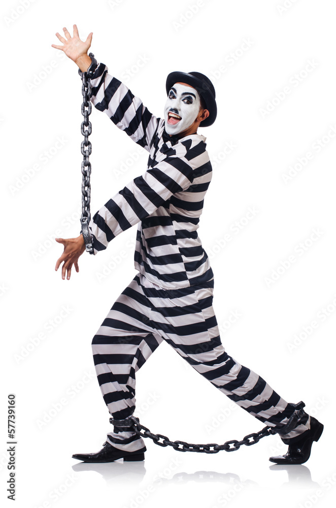 Funny man with facemask mask with shackles on white Funny man with facemask mask with shackles on white