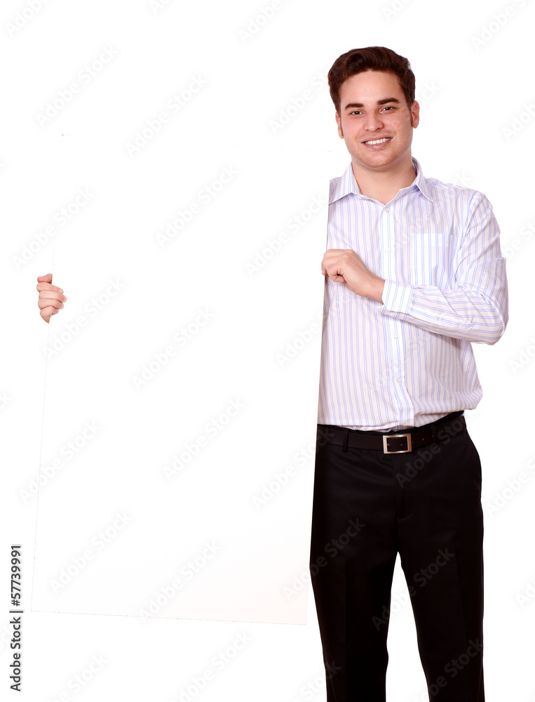 Attractive guy holding up a white placard Attractive guy holding up a white placard