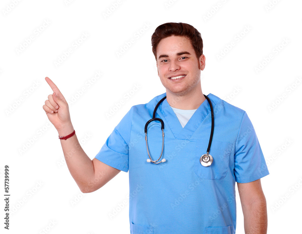 Young nurse man pointing to his right Young nurse man pointing to his right