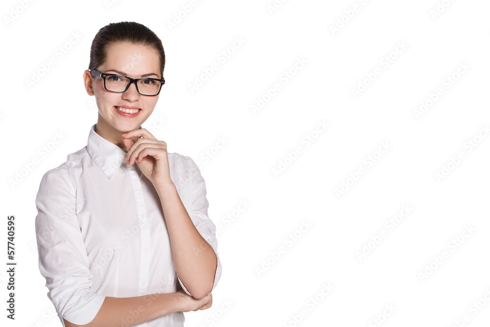Young girl with glasses, thoughtfulness, smile Young girl with glasses, thoughtfulness, smile