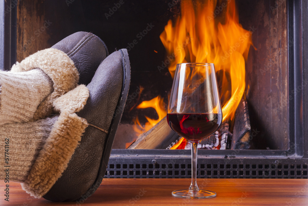 drinks at fireplace on winter evening drinks at fireplace on winter evening