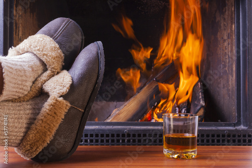 drinks at fireplace on winter evening