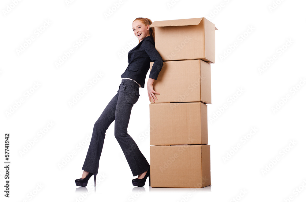 Woman businesswoman with boxes on white Woman businesswoman with boxes on white