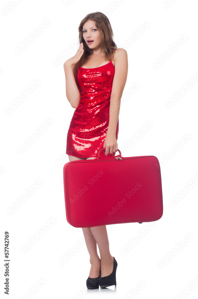 Woman preparing for vacation with suitcase on white Woman preparing for vacation with suitcase on white