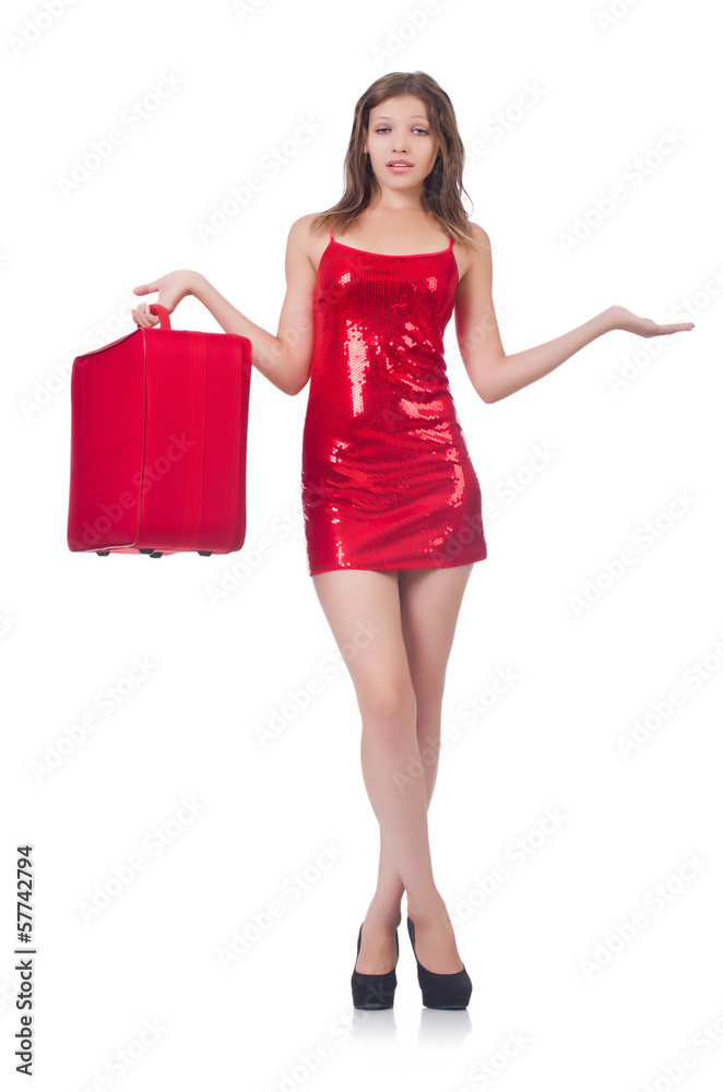 Woman preparing for vacation with suitcase on white Woman preparing for vacation with suitcase on white