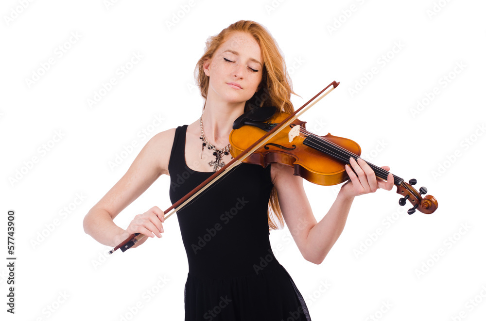 Woman with violin isolated on white