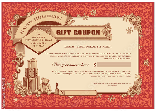 ornate christmas gift certificate with gifts and snowflakes
