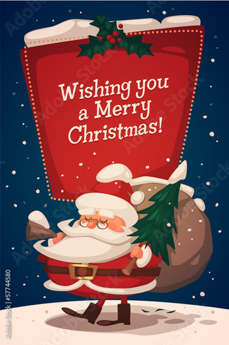 Christmas greeting card. Santa brings gifts and fir tree.