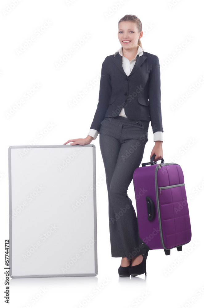 Woman preparing for vacation with suitcase on white Woman preparing for vacation with suitcase on white