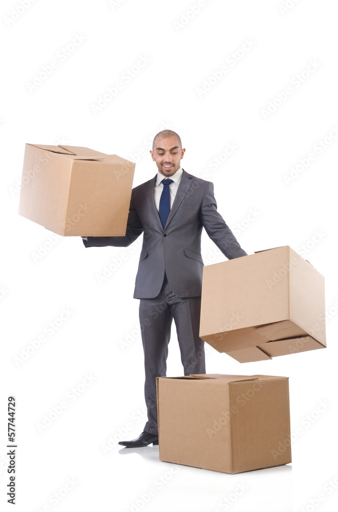 Businessman with box isolated on the white Businessman with box isolated on the white