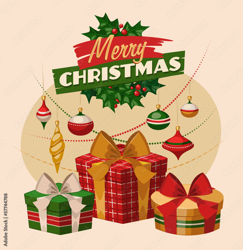 Christmas greeting card. Gift boxes and decorations. Stock Vector