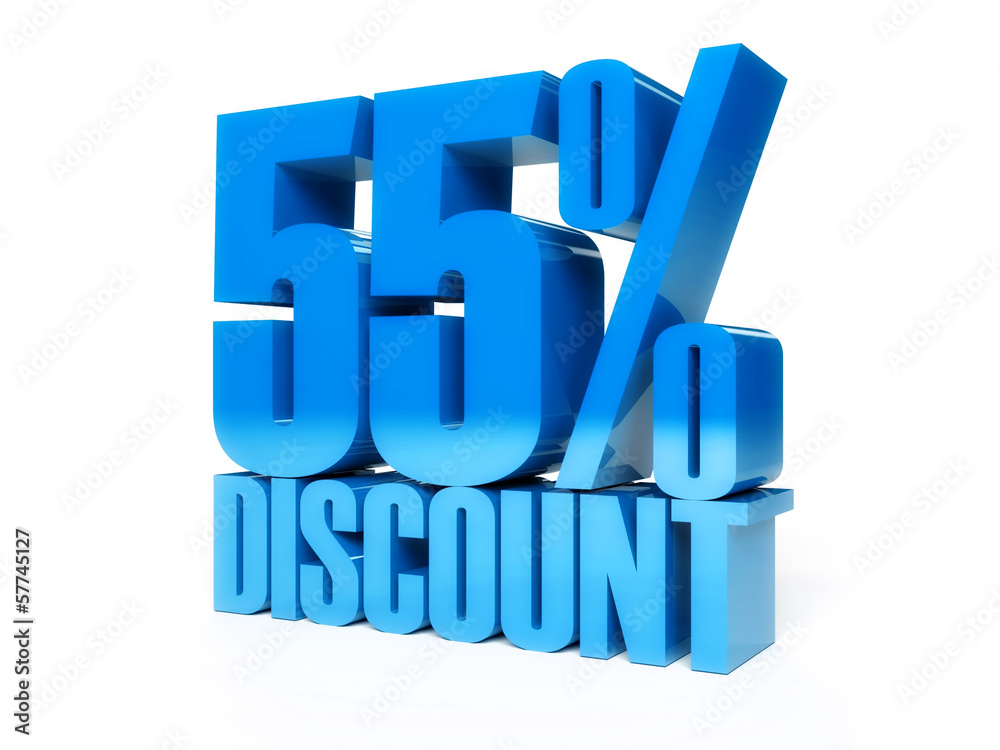 55 percent discount. Blue shiny text. Concept 3D illustration. 55 percent discount. Blue shiny text. Concept 3D illustration.