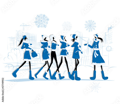 Girls in winter coats, city background for your design