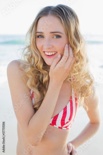 Cheerful young woman posing on the beach wearing a red bikini © lightwavemedia