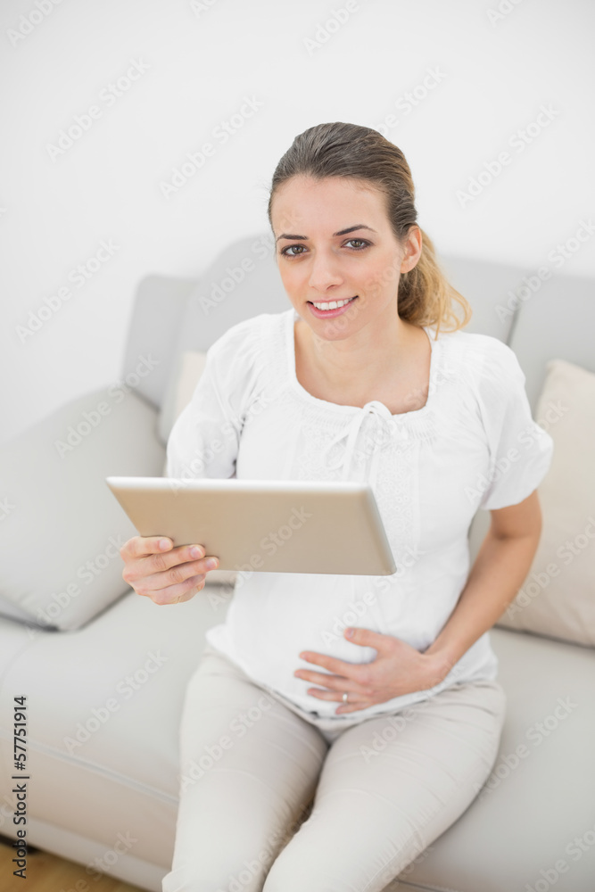 Pregnant woman holding her tablet smiling at camera Pregnant woman holding her tablet smiling at camera