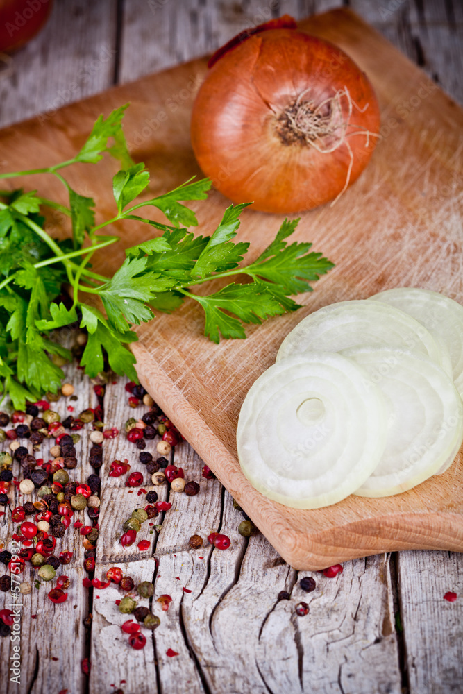fresh onions, parsley and peppercorns fresh onions, parsley and peppercorns